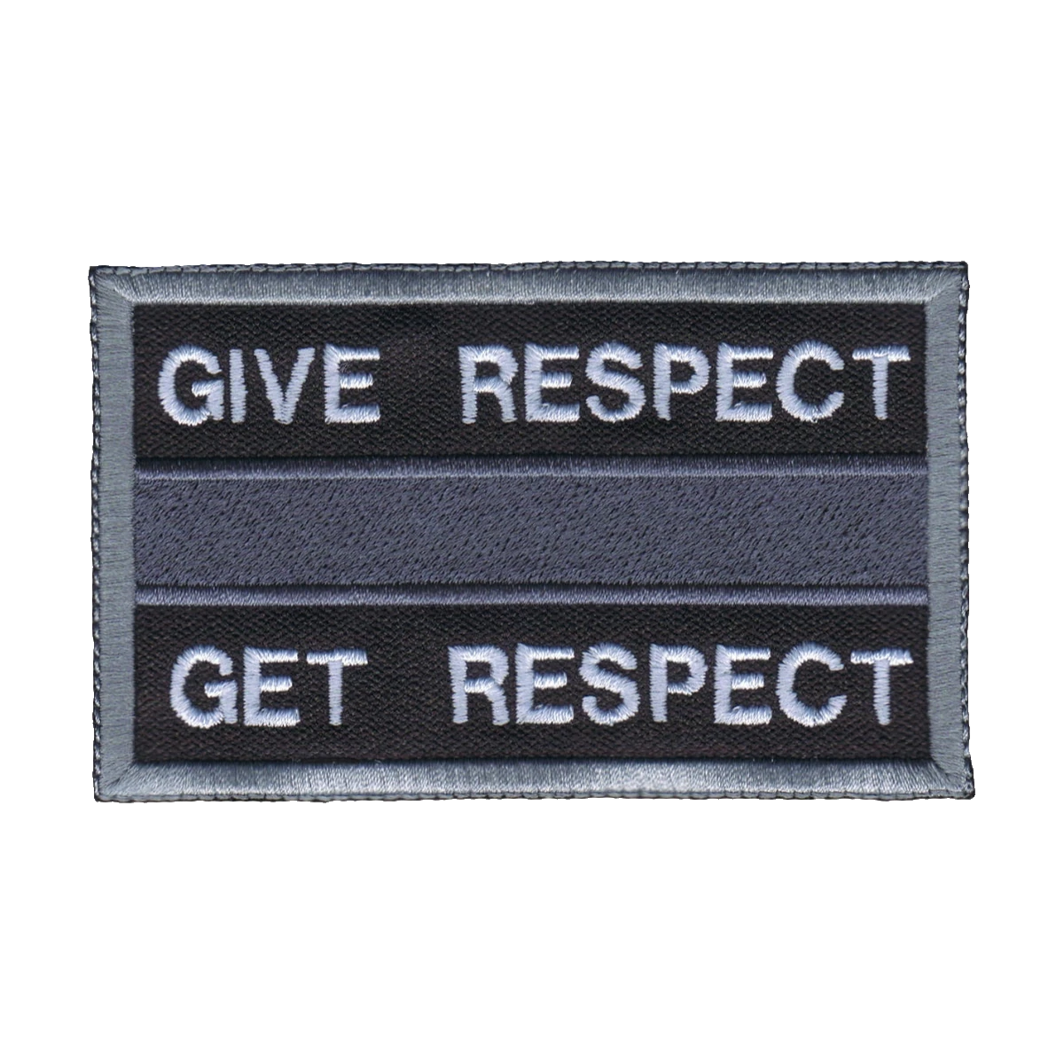 Embroidered Give Respect Get Respect patch, gray service line, made by Independence Embroidery in Owensville, Missouri.