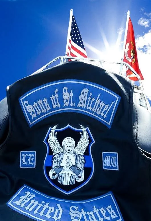 Law enforcement club colors on a leather vest, embroidered by Independence Embroidery in Owensville, Missouri.
