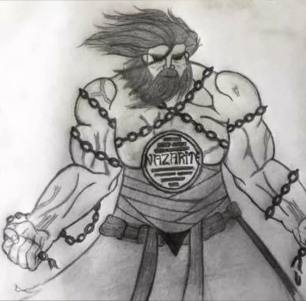 A pencil drawing of a bearded figure wrapped in chains, sent in by a customer as the artwork for a patch.