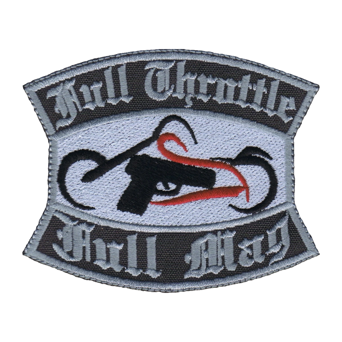 Embroidered front support patch, red service line, made by Independence Embroidery in Owensville, Missouri.