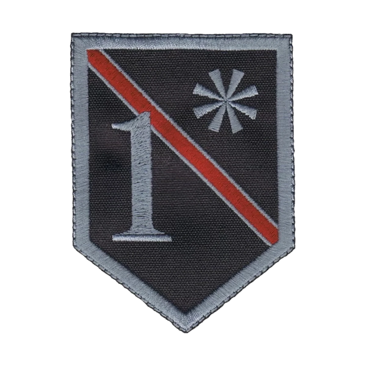 Embroidered shield, red service line, made by Independence Embroidery in Owensville, Missouri.