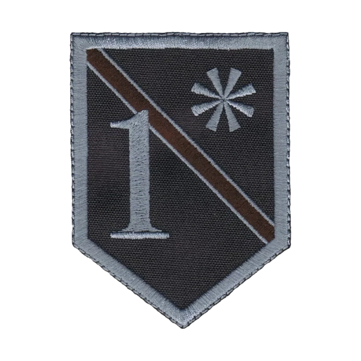 Embroidered shield, brown service line, made by Independence Embroidery in Owensville, Missouri.