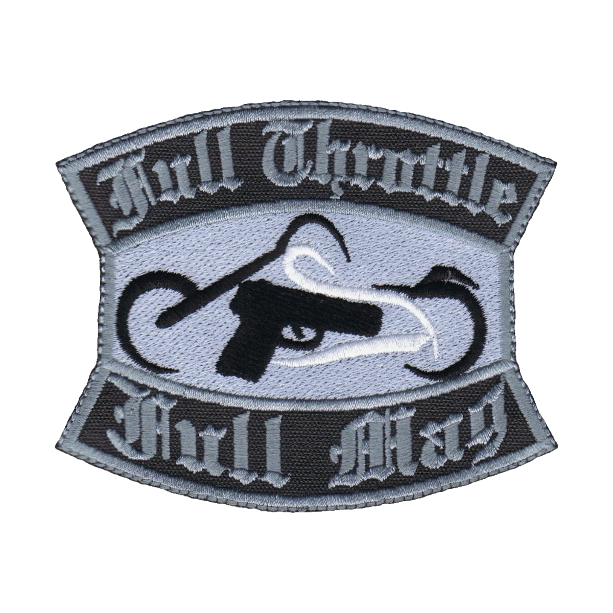 Embroidered front support patch, white service line, made by Independence Embroidery in Owensville, Missouri.