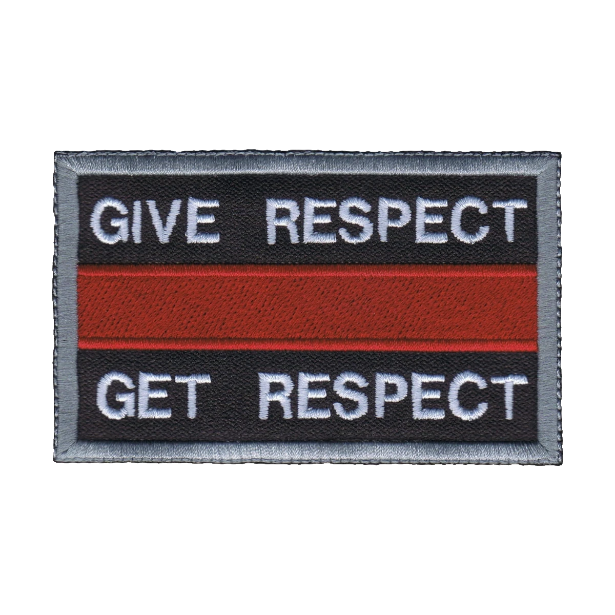 Embroidered Give Respect Get Respect patch, red service line, made by Independence Embroidery in Owensville, Missouri.