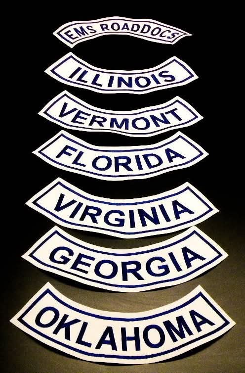 Seven embroidered curved rocker patches naming a club and six states, made by Independence Embroidery in Owensville, Missouri.