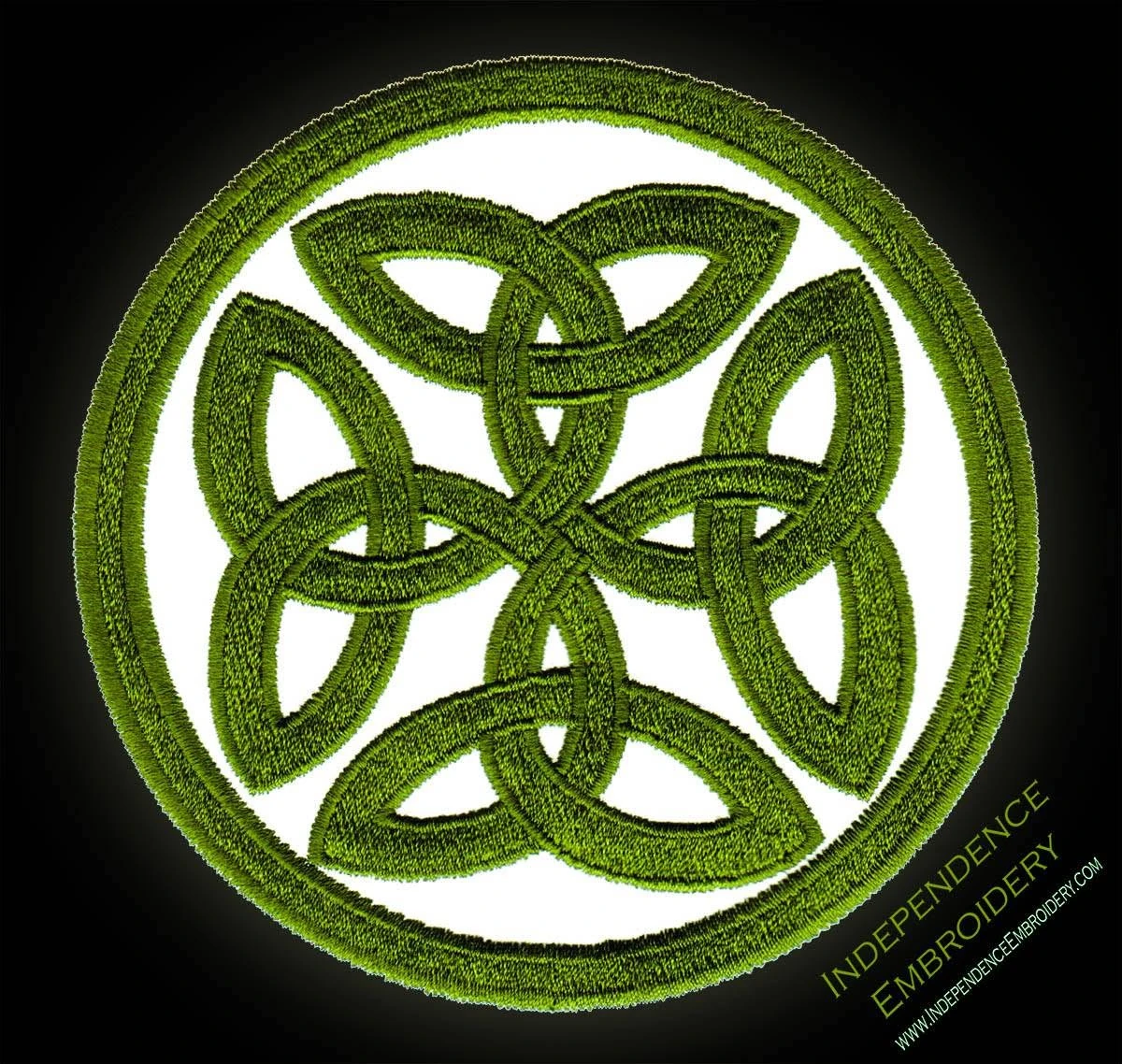 A round embroidered Celtic knotwork patch in green thread, made by Independence Embroidery in Owensville, Missouri.
