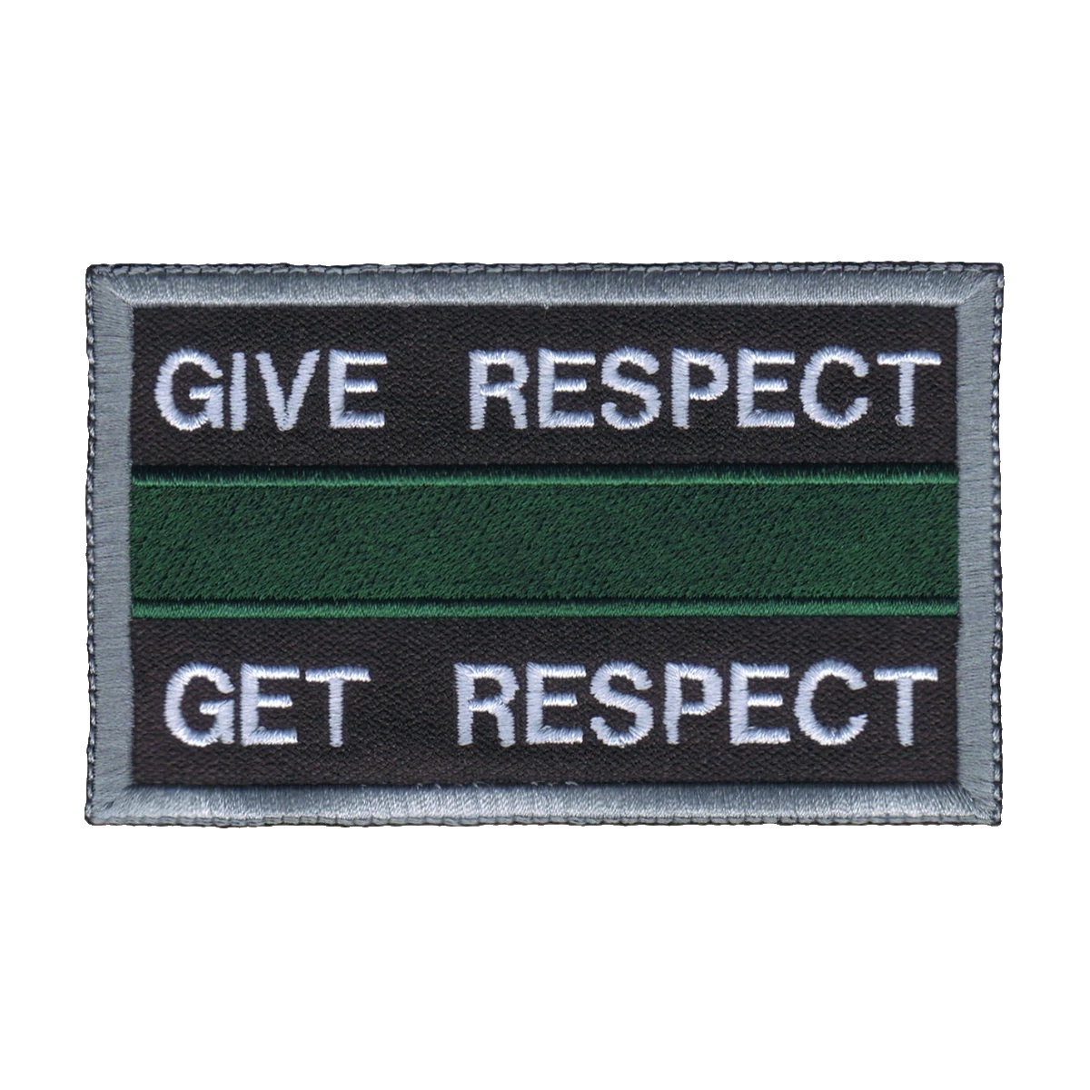 Embroidered Give Respect Get Respect patch, green service line, made by Independence Embroidery in Owensville, Missouri.