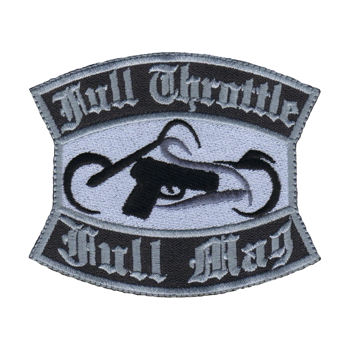 Embroidered front support patch, gray service line, made by Independence Embroidery in Owensville, Missouri.