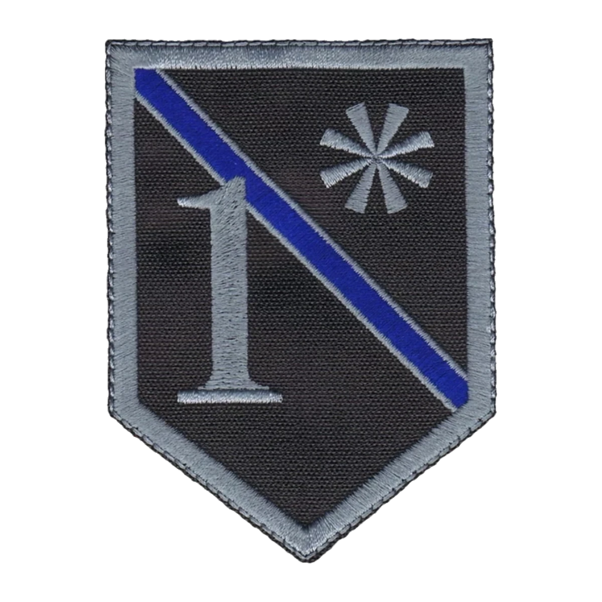 Embroidered shield, blue service line, made by Independence Embroidery in Owensville, Missouri.