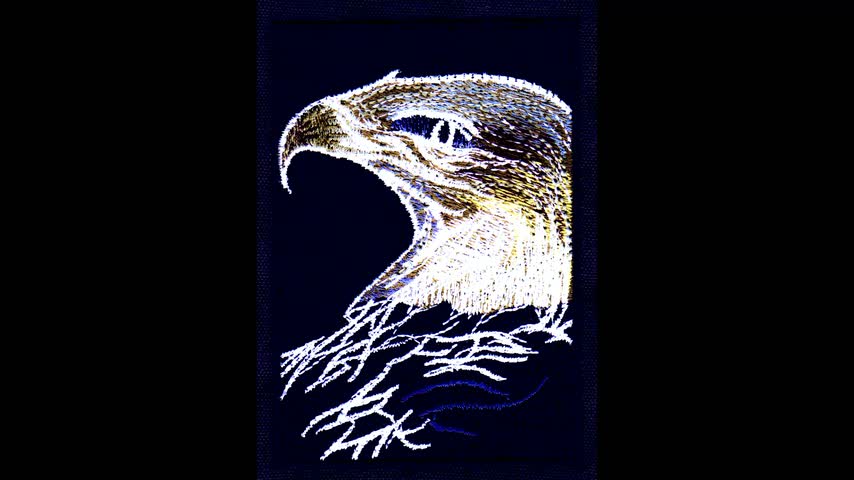 Silent loop of an embroidery machine stitching the feather detail of an eagle patch, then the finished patch.